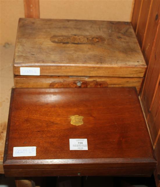 Inlaid box with pens and other writing ephemera